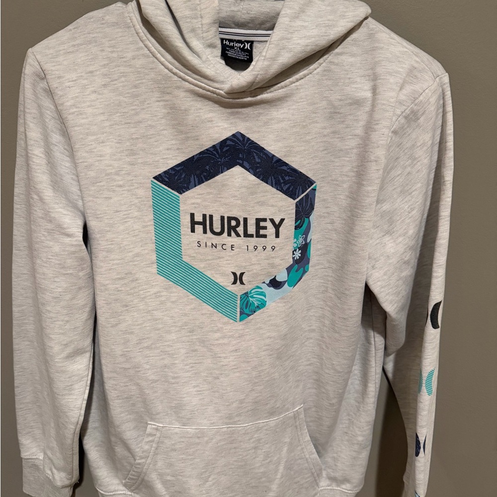 Hurley Cream Crewneck Hoodie with Blue and Teal Graphic